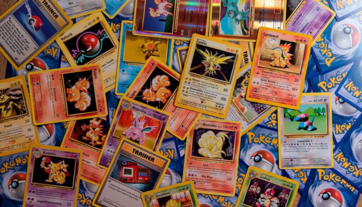 Pokemon-style trading cards close-up