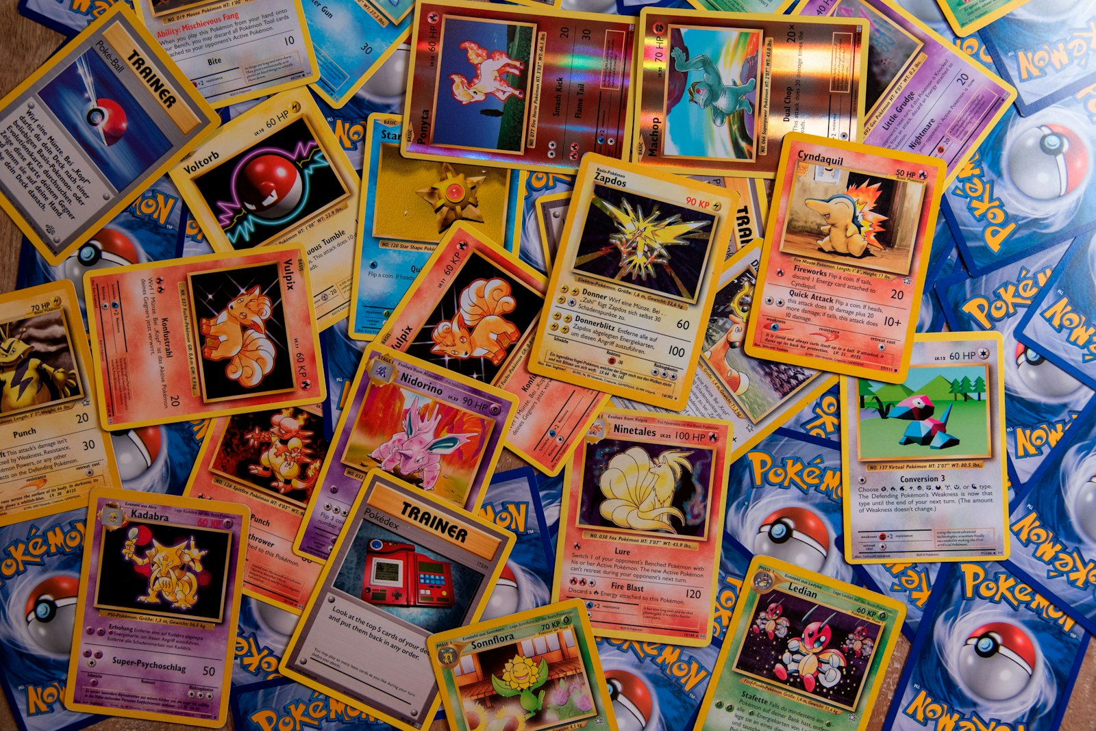Pokemon-style trading cards close-up