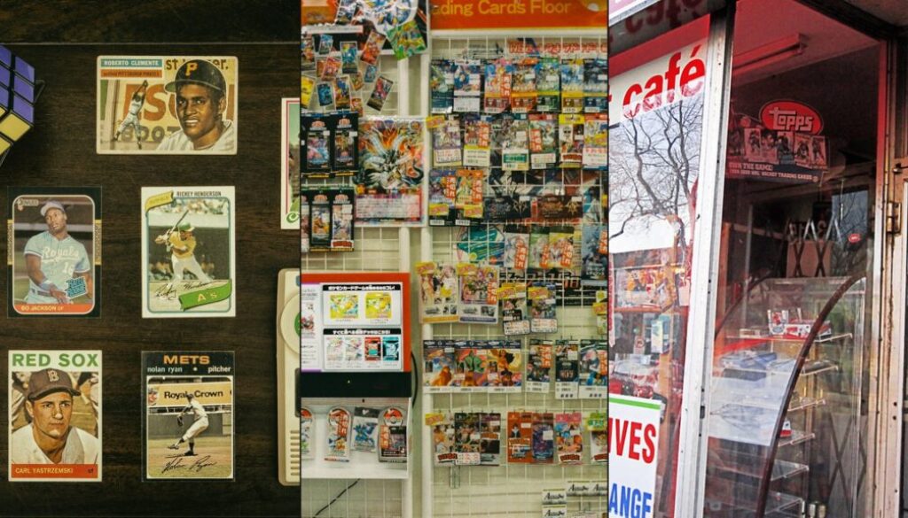 Card grading consolidation collage: vintage baseball cards, trading card shop shelves, and a local sports card shop storefront