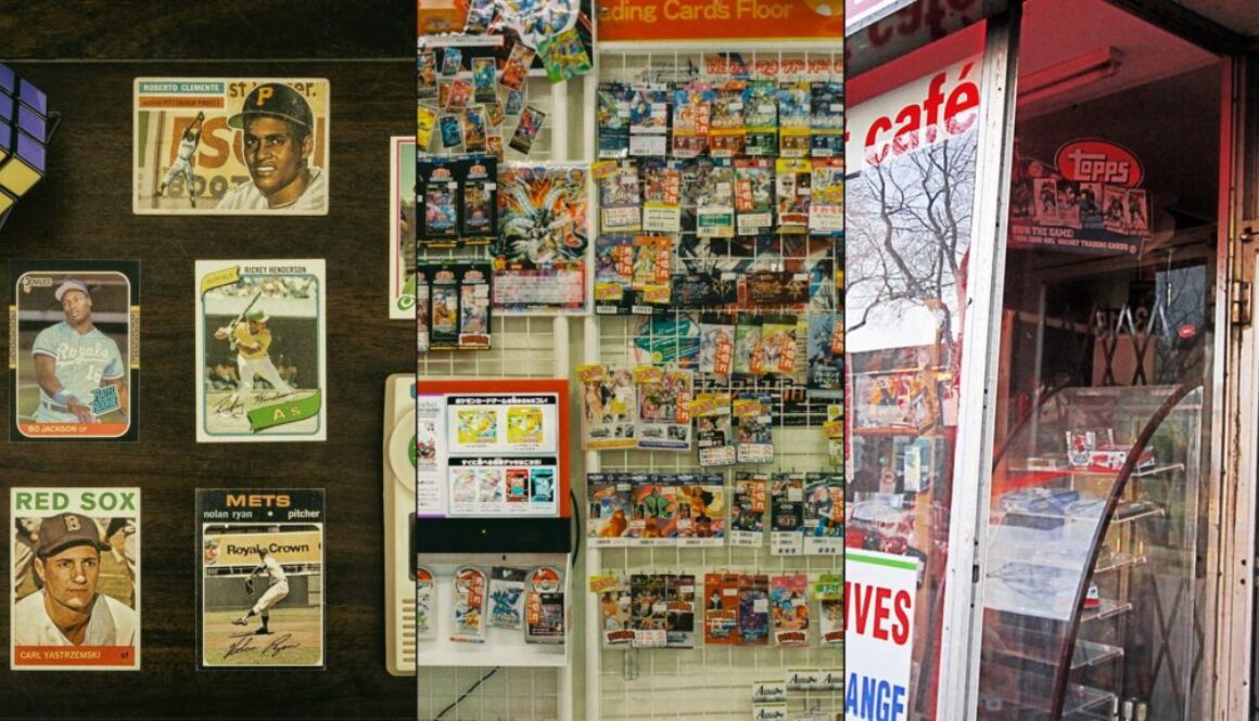 Card grading consolidation collage: vintage baseball cards, trading card shop shelves, and a local sports card shop storefront