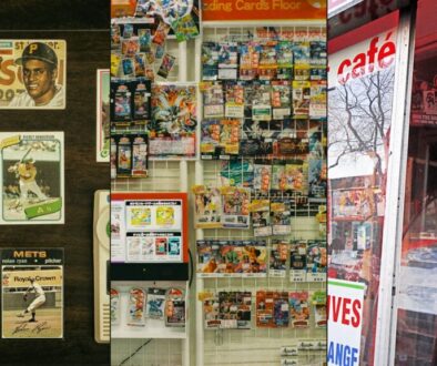 Card grading consolidation collage: vintage baseball cards, trading card shop shelves, and a local sports card shop storefront