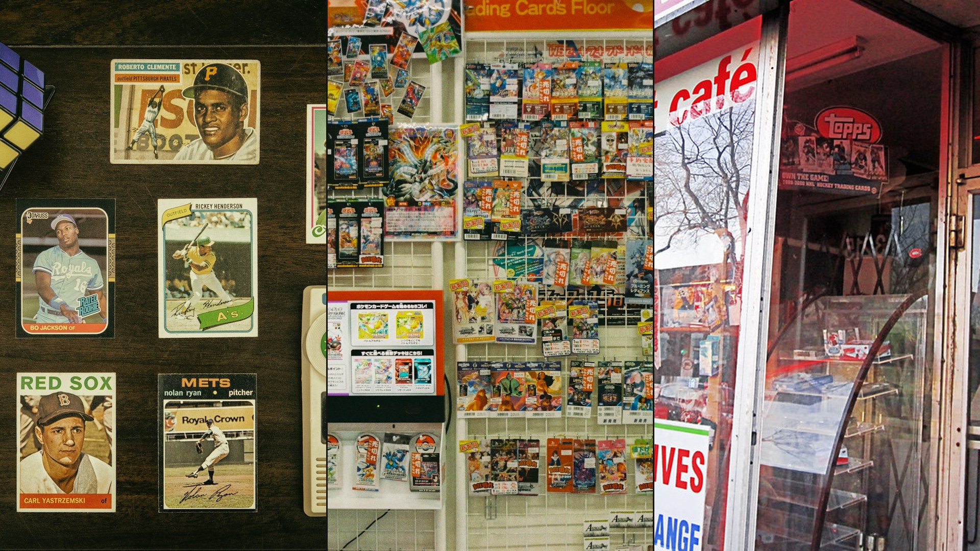 Card grading consolidation collage: vintage baseball cards, trading card shop shelves, and a local sports card shop storefront