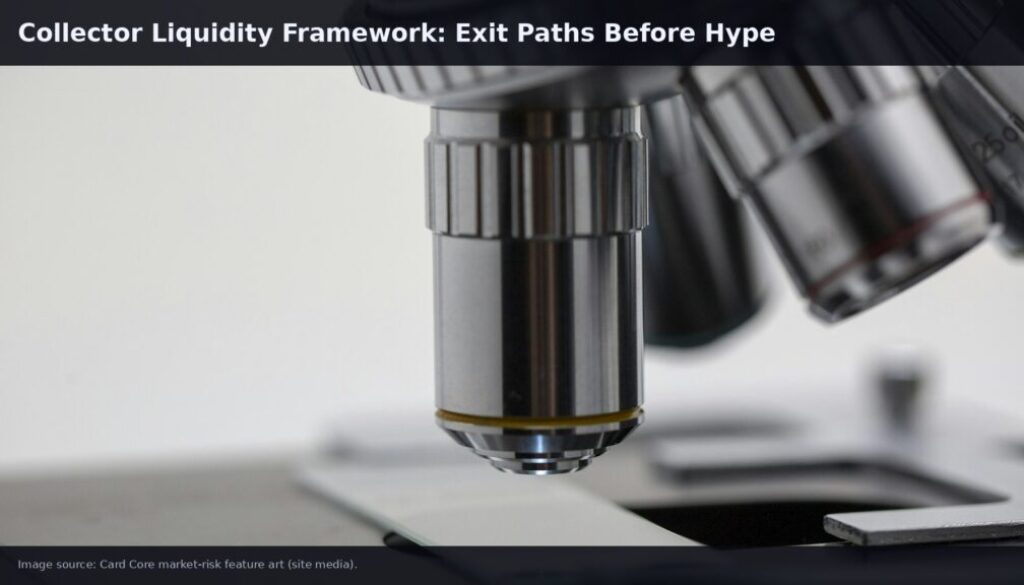 Stacked trading cards representing collector liquidity framework and exit-path discipline before hype cycles.
