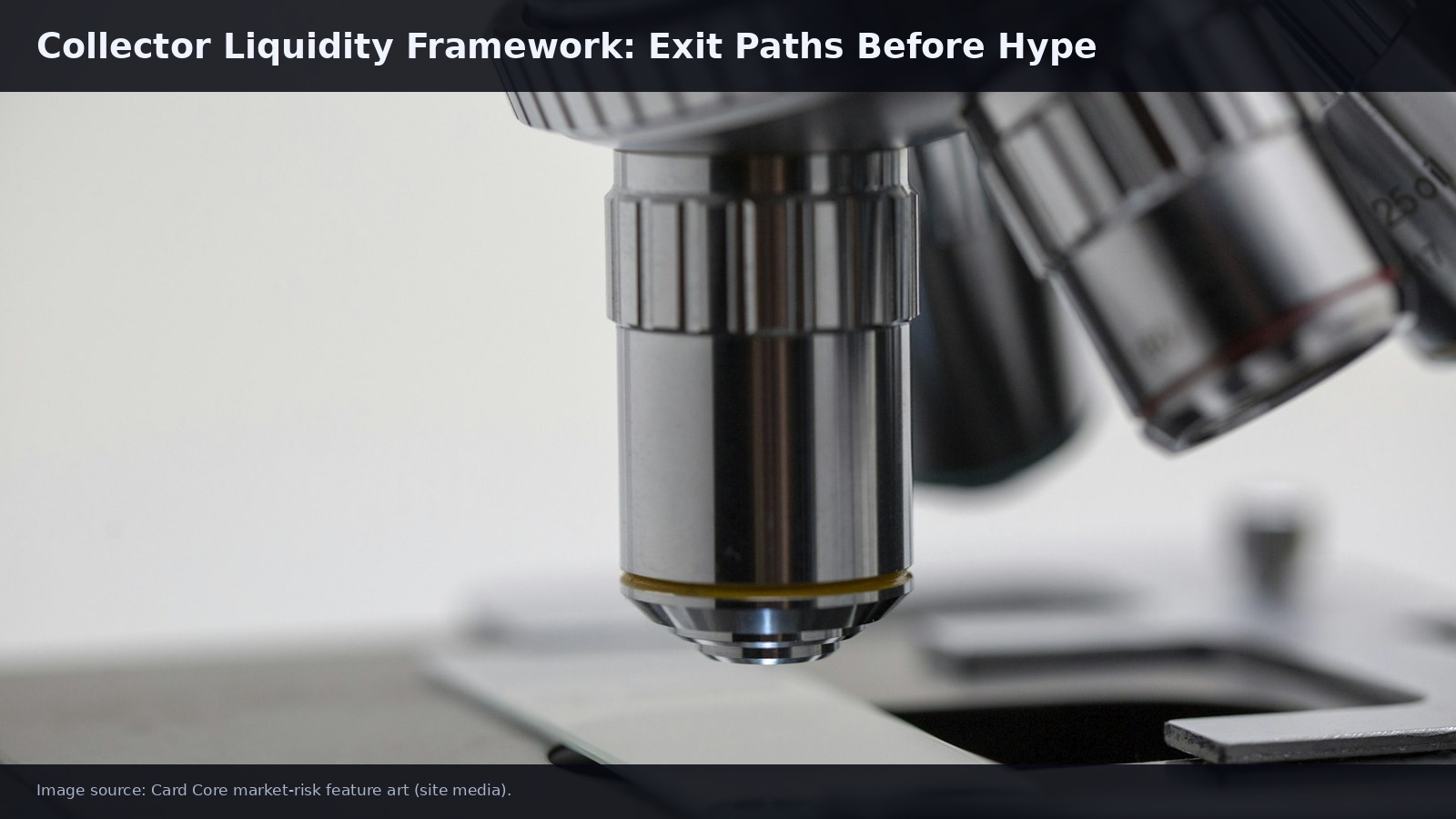 Stacked trading cards representing collector liquidity framework and exit-path discipline before hype cycles.