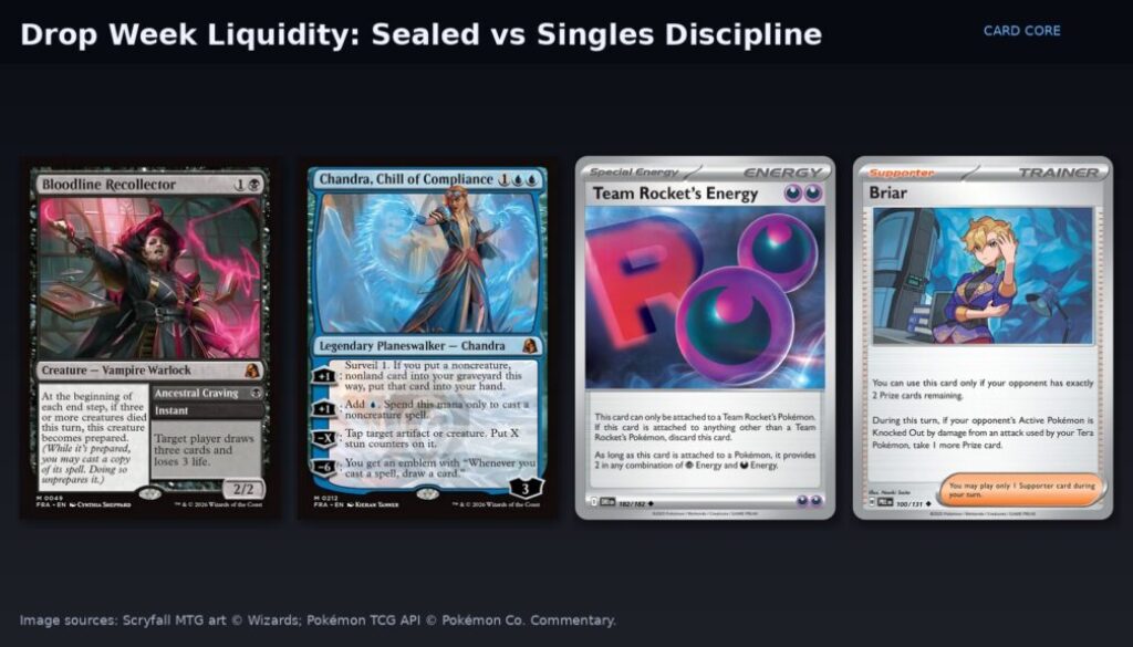 Collage mixing Magic Reality Fracture and Pokémon TCG cards for drop-week sealed vs singles liquidity discipline. Image sources credited in caption.