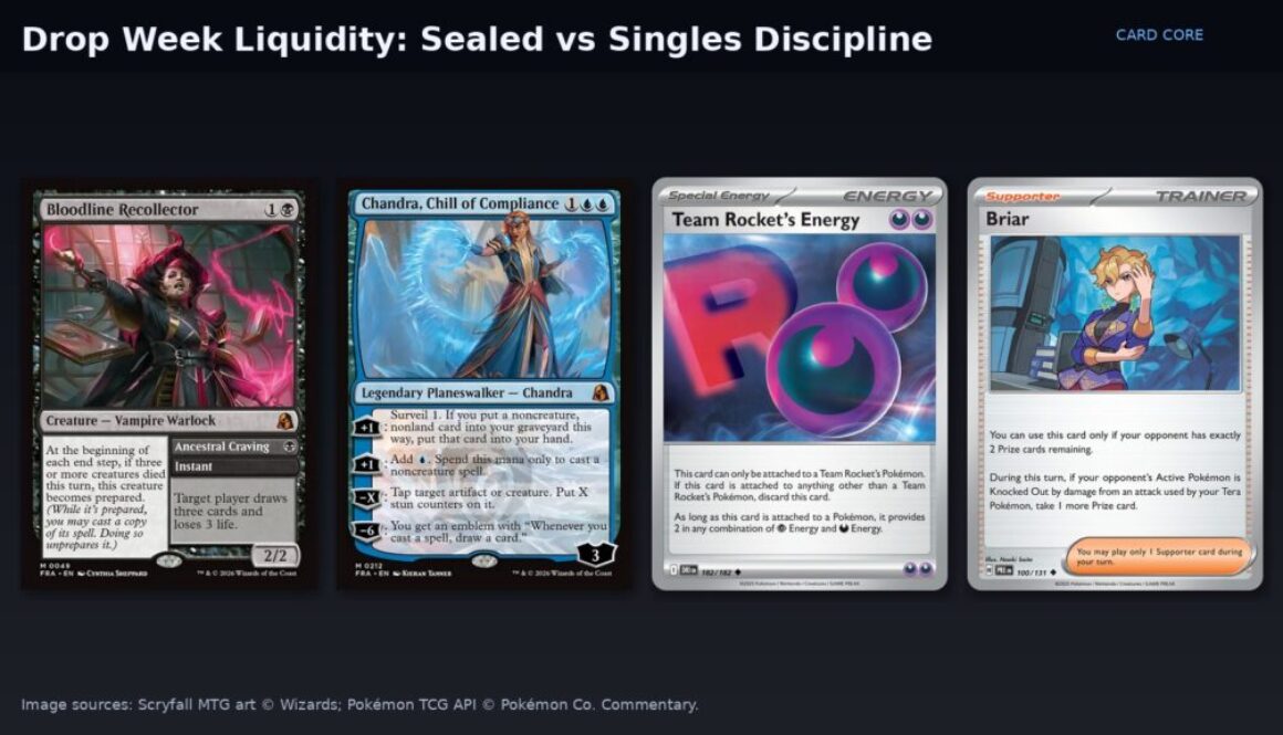 Collage mixing Magic Reality Fracture and Pokémon TCG cards for drop-week sealed vs singles liquidity discipline. Image sources credited in caption.