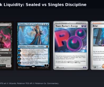 Collage mixing Magic Reality Fracture and Pokémon TCG cards for drop-week sealed vs singles liquidity discipline. Image sources credited in caption.