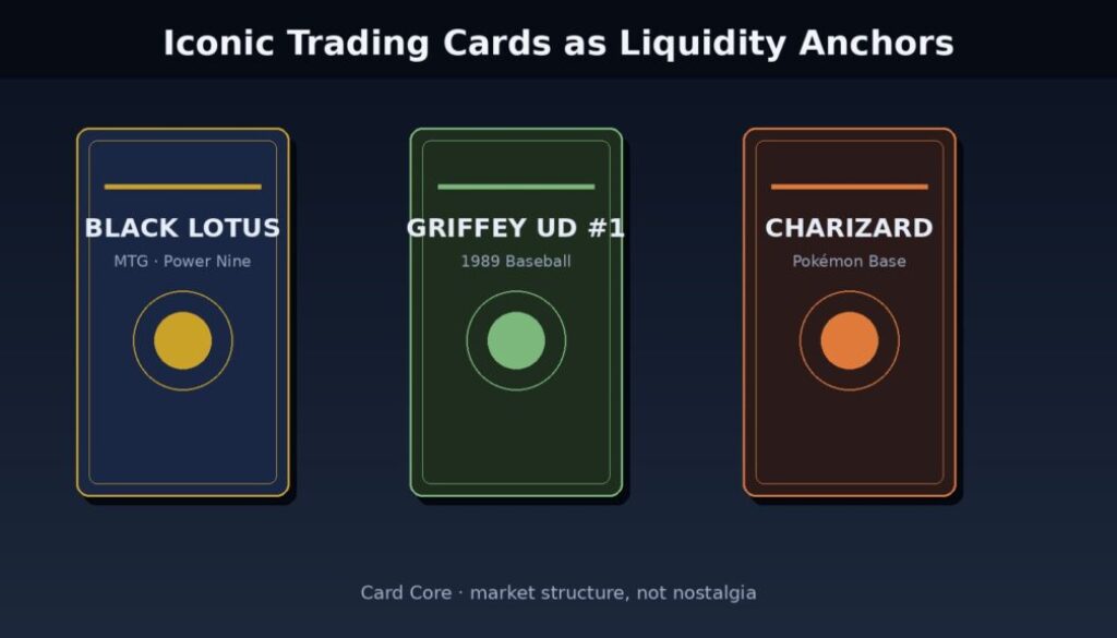 Iconic trading cards as liquidity anchors — Black Lotus, Griffey Upper Deck, and Charizard reference panels