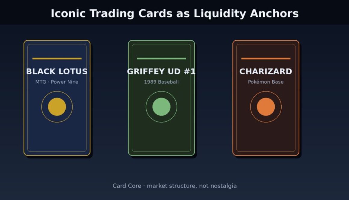 Iconic trading cards as liquidity anchors — Black Lotus, Griffey Upper Deck, and Charizard reference panels
