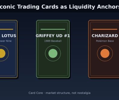 Iconic trading cards as liquidity anchors — Black Lotus, Griffey Upper Deck, and Charizard reference panels