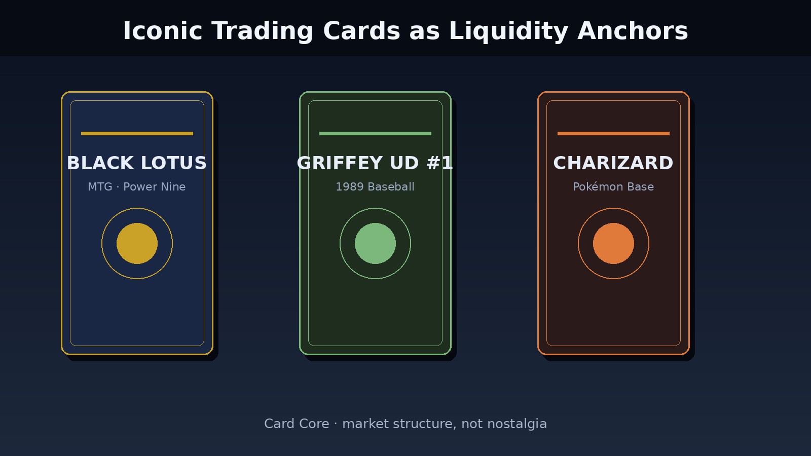 Iconic trading cards as liquidity anchors — Black Lotus, Griffey Upper Deck, and Charizard reference panels