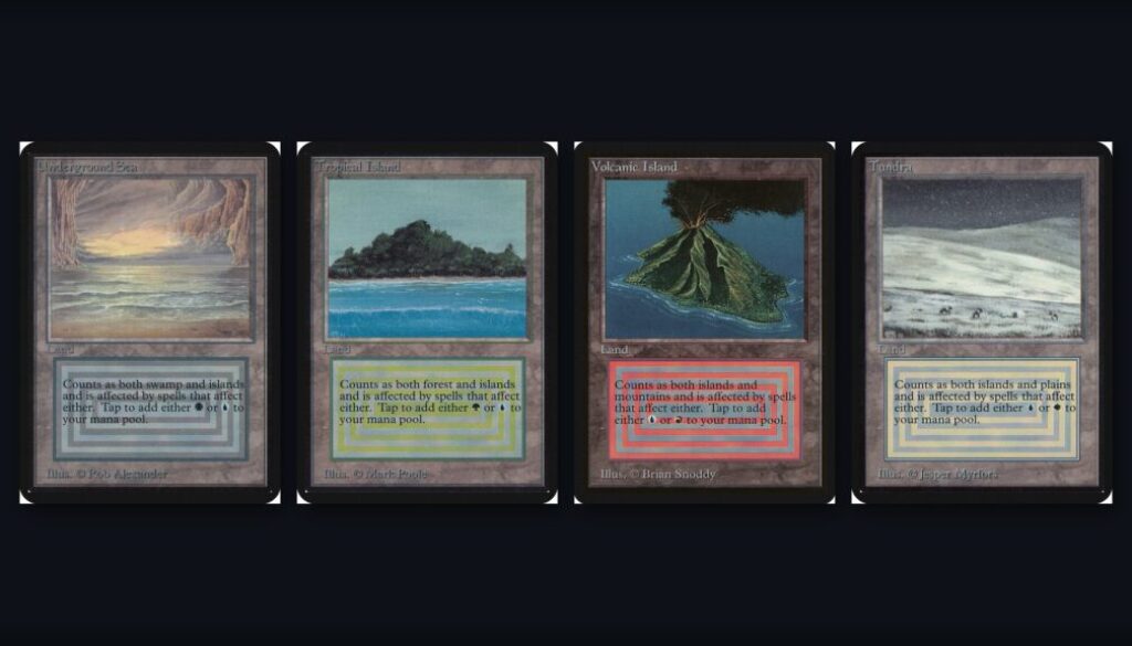 MTG dual lands collage: Underground Sea, Tropical Island, Volcanic Island, and Tundra card scans