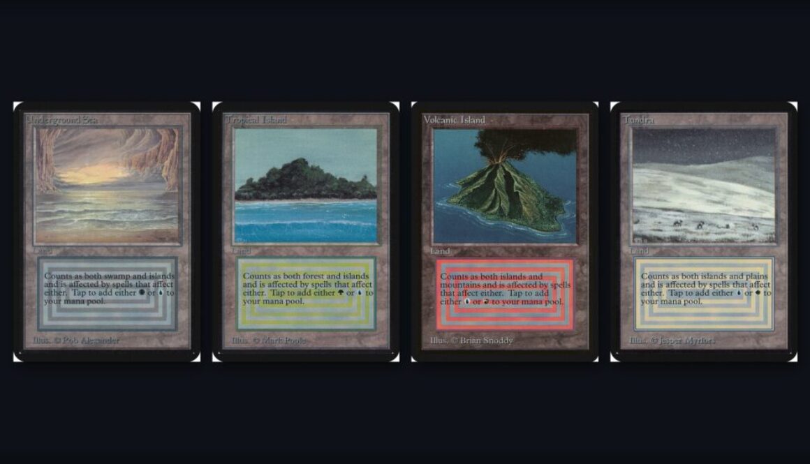 MTG dual lands collage: Underground Sea, Tropical Island, Volcanic Island, and Tundra card scans