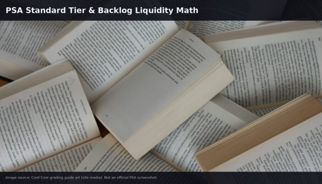 Graded trading cards representing PSA Standard tier and backlog liquidity decisions for collectors.