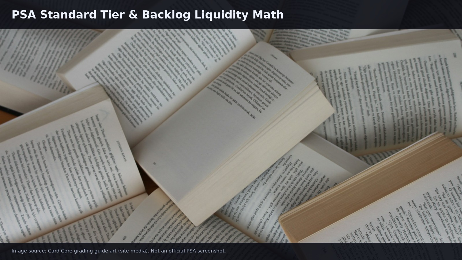 Graded trading cards representing PSA Standard tier and backlog liquidity decisions for collectors.