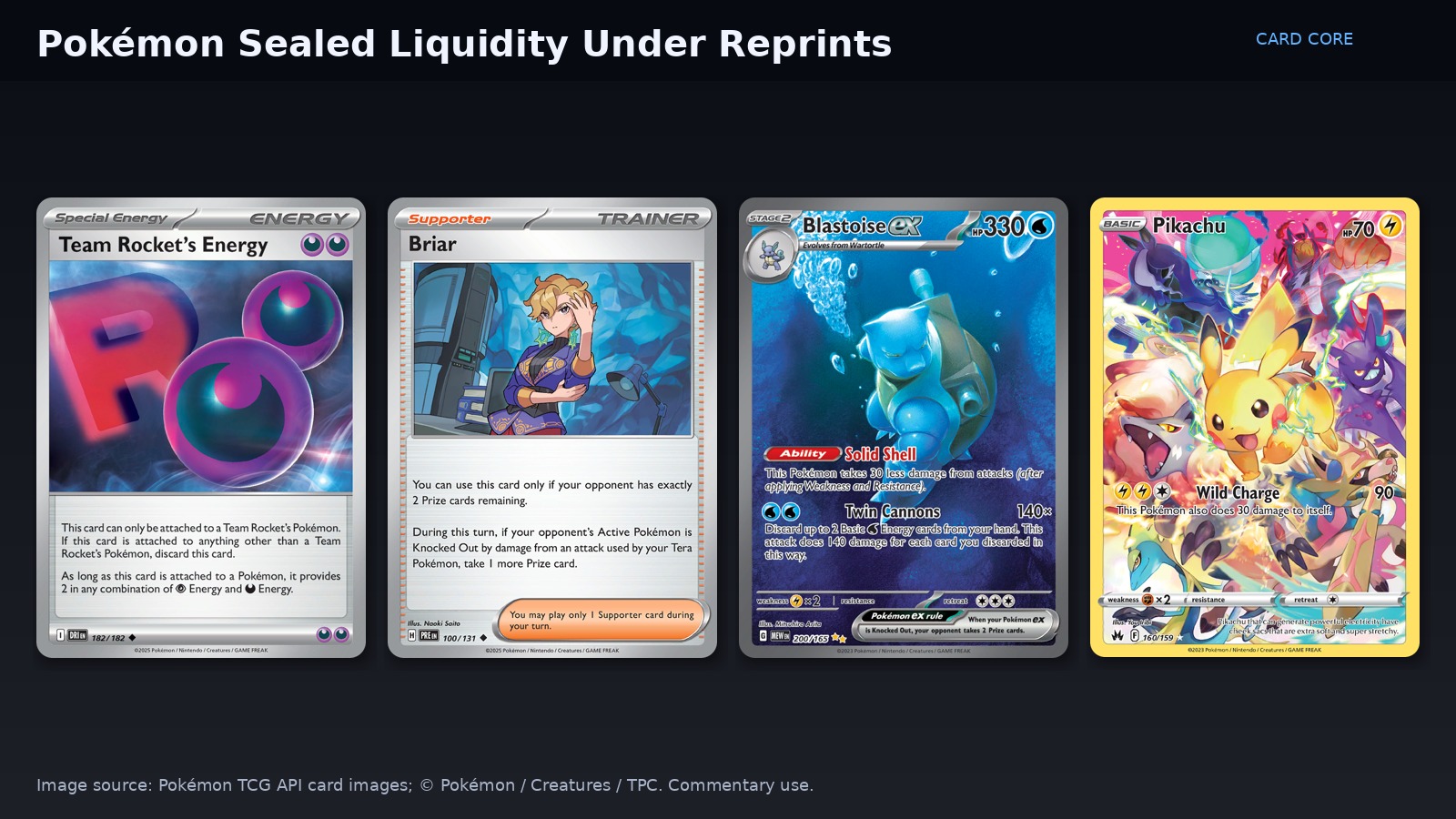 Collage of Pokémon TCG chase cards illustrating sealed-product liquidity under reprints. Image source: Pokémon TCG API; © Pokémon / Creatures / TPC.