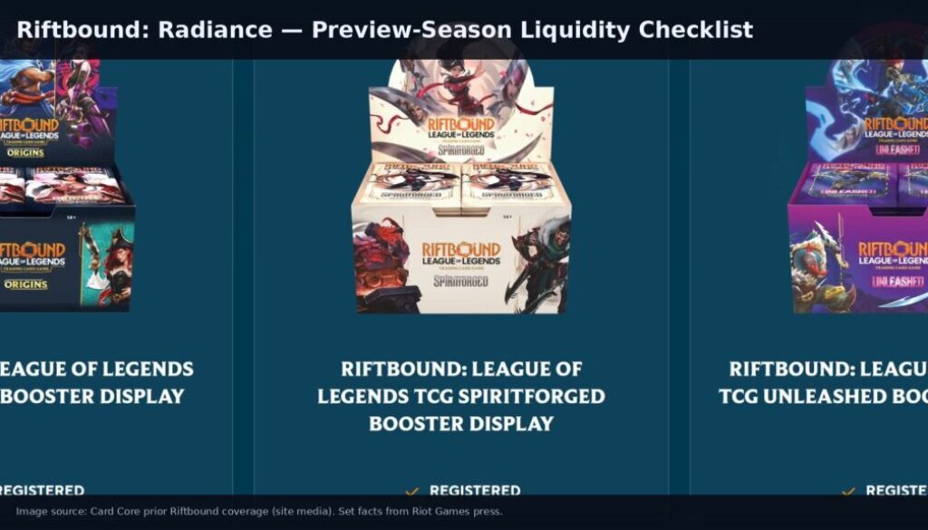 Riftbound League of Legends TCG coverage visual for Radiance preview-season liquidity checklist.