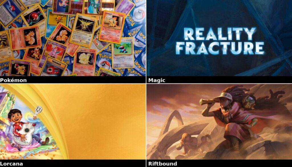 Collage of upcoming TCG drops: Pokémon 30th Celebration, Magic Reality Fracture, Disney Lorcana Hyperia City, and Riftbound Radiance key art