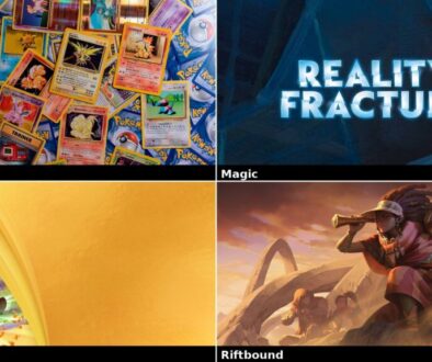 Collage of upcoming TCG drops: Pokémon 30th Celebration, Magic Reality Fracture, Disney Lorcana Hyperia City, and Riftbound Radiance key art