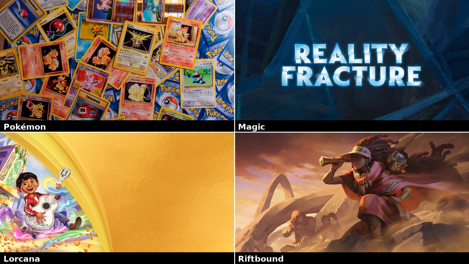Collage of upcoming TCG drops: Pokémon 30th Celebration, Magic Reality Fracture, Disney Lorcana Hyperia City, and Riftbound Radiance key art
