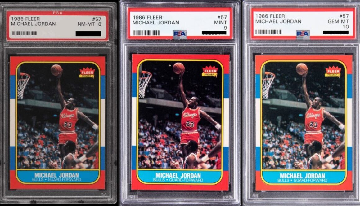 1986 Fleer Michael Jordan #57 rookie card in three PSA slabs side by side: NM-MT 8, Mint 9 and Gem Mint 10