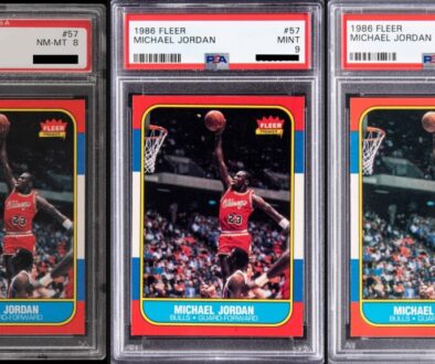 1986 Fleer Michael Jordan #57 rookie card in three PSA slabs side by side: NM-MT 8, Mint 9 and Gem Mint 10