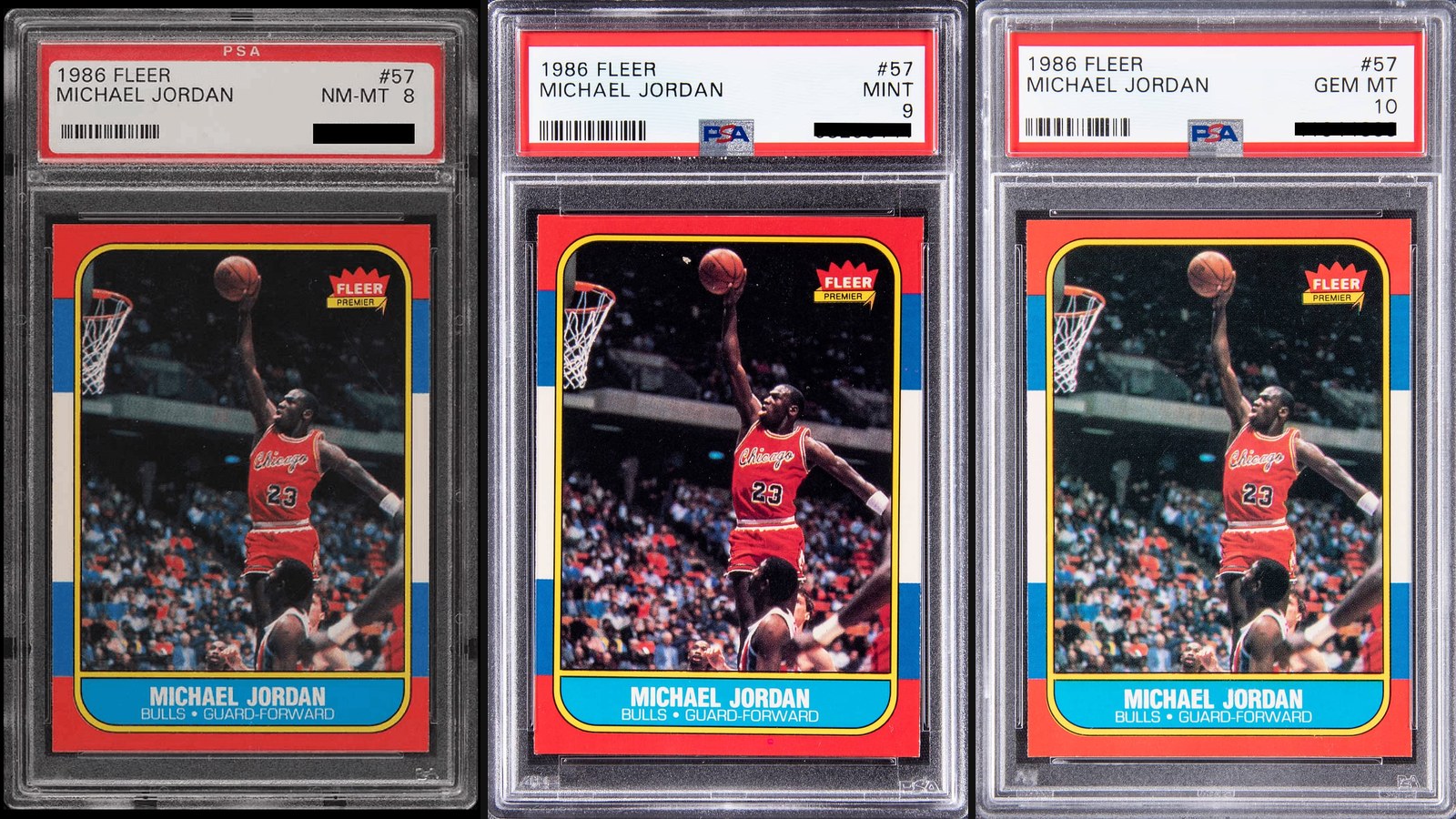 1986 Fleer Michael Jordan #57 rookie card in three PSA slabs side by side: NM-MT 8, Mint 9 and Gem Mint 10