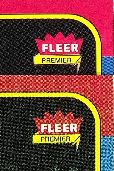 Close-up of the Fleer Premier logo on a 1986 Fleer Michael Jordan rookie: crisp authentic print on top, blurrier counterfeit print below