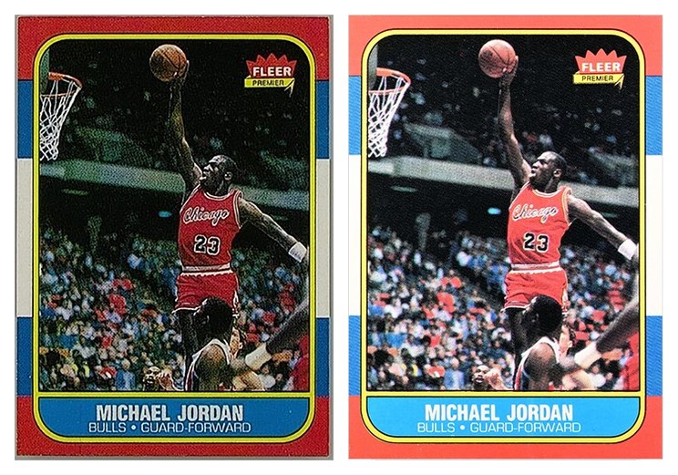 Counterfeit 1986 Fleer Michael Jordan #57 rookie (left) next to an authentic example (right), from CGC's counterfeit alert