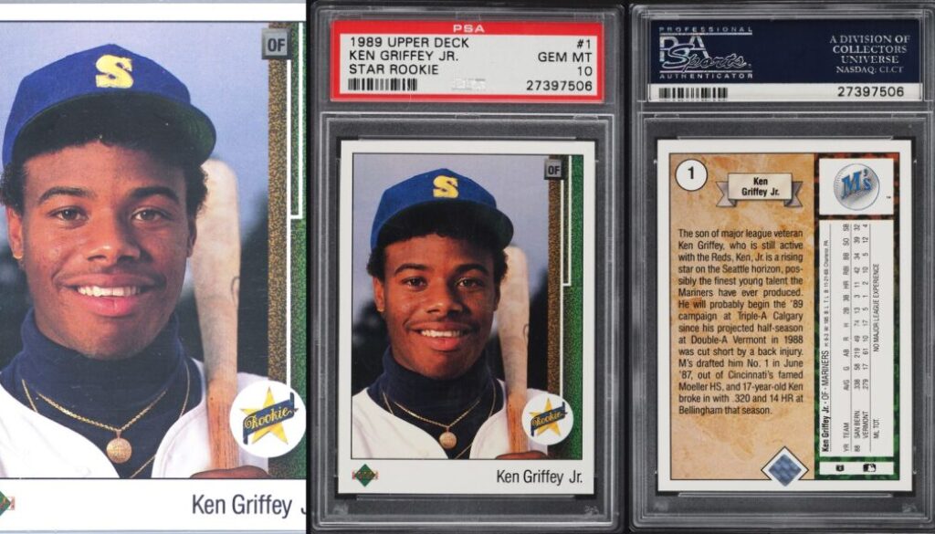 1989 Upper Deck Ken Griffey Jr Star Rookie card front, PSA 10 slab, and card back in a three-panel collage for grade-driven liquidity