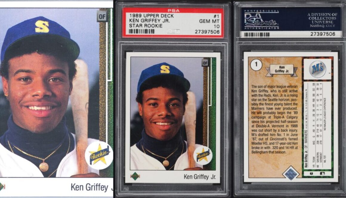 1989 Upper Deck Ken Griffey Jr Star Rookie card front, PSA 10 slab, and card back in a three-panel collage for grade-driven liquidity
