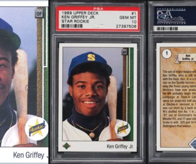 1989 Upper Deck Ken Griffey Jr Star Rookie card front, PSA 10 slab, and card back in a three-panel collage for grade-driven liquidity