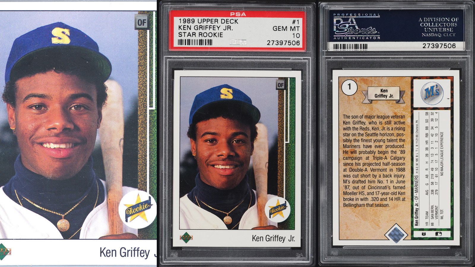 1989 Upper Deck Ken Griffey Jr Star Rookie card front, PSA 10 slab, and card back in a three-panel collage for grade-driven liquidity