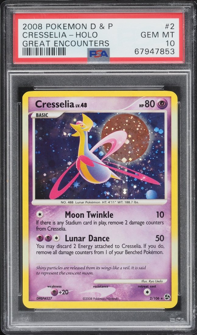 Pokémon PSA 10 2008 Diamond and Pearl Great Encounters Holo Cresselia #2 slab, cert 67947853, sold for $960,000 on Fanatics Weekly