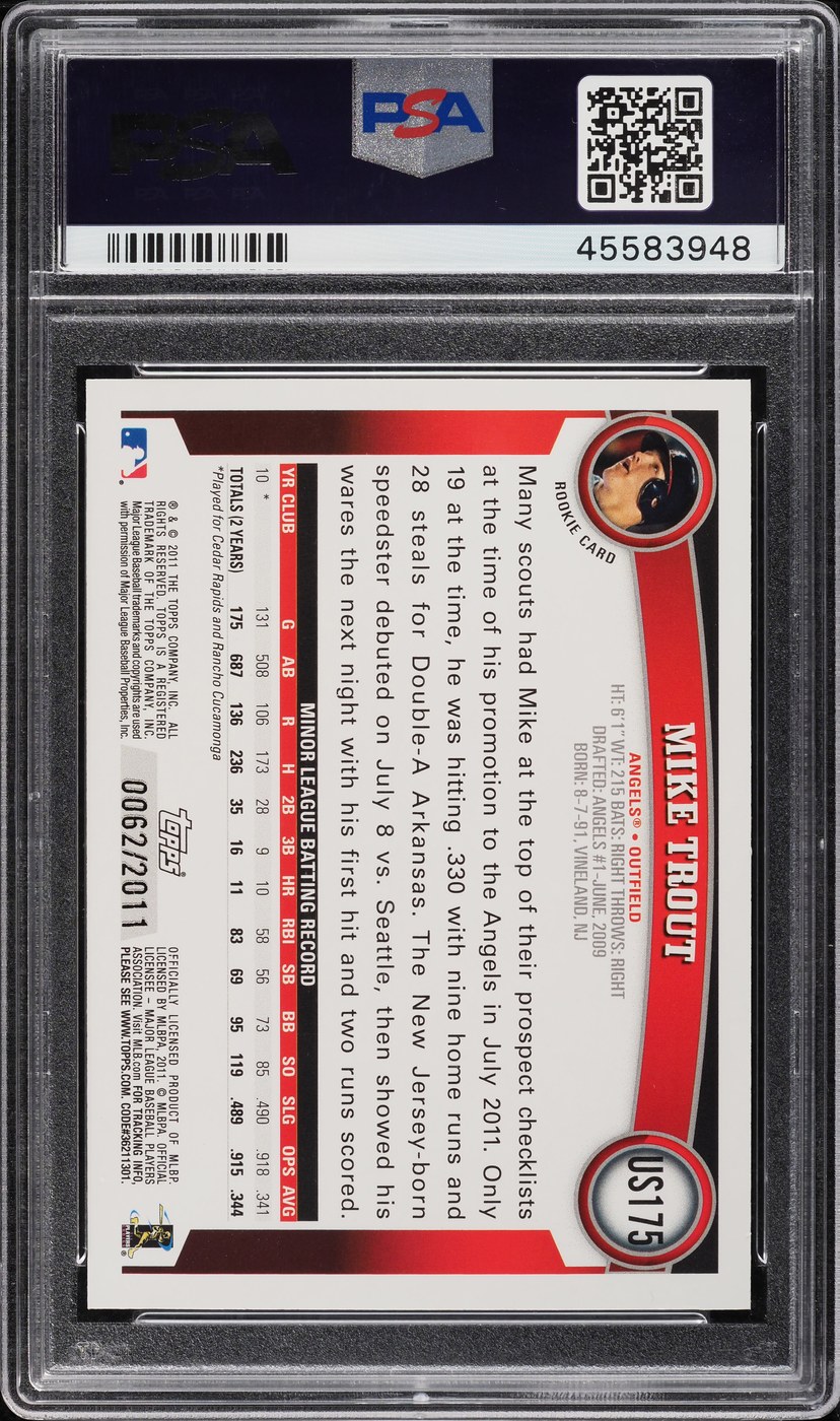 Back of a 2011 Topps Update Mike Trout #US175 Gold parallel in a PSA 10 slab, showing the serial number stamped out of 2011