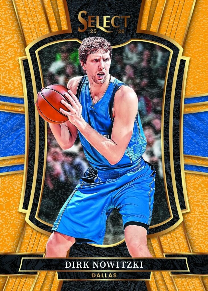 2025-26 Panini Select Basketball Premier Level Gold Glitter Prizm of Dirk Nowitzki, labeled Dallas with no NBA team logos