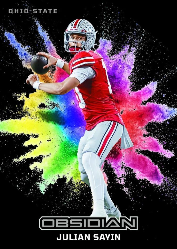 2026 Panini Obsidian Football Black Color Blast card of Ohio State quarterback Julian Sayin, labeled Ohio State with no NFL team logos