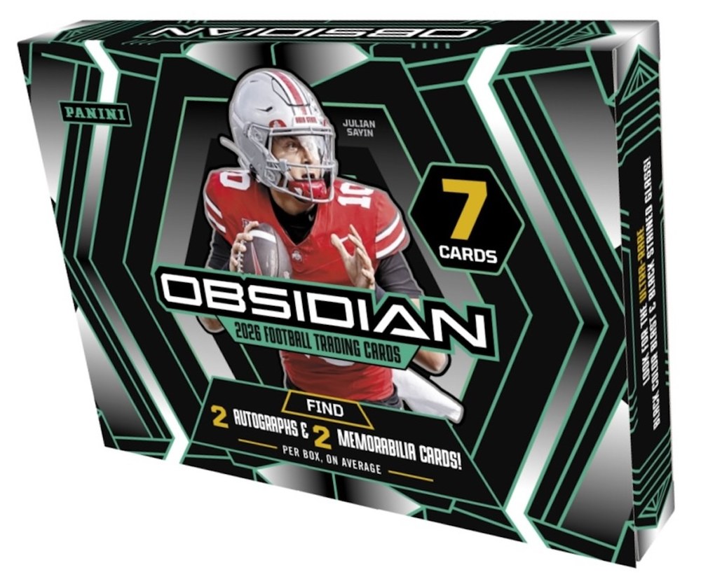 2026 Panini Obsidian Football hobby box, a single seven-card pack promising two autographs and two memorabilia cards