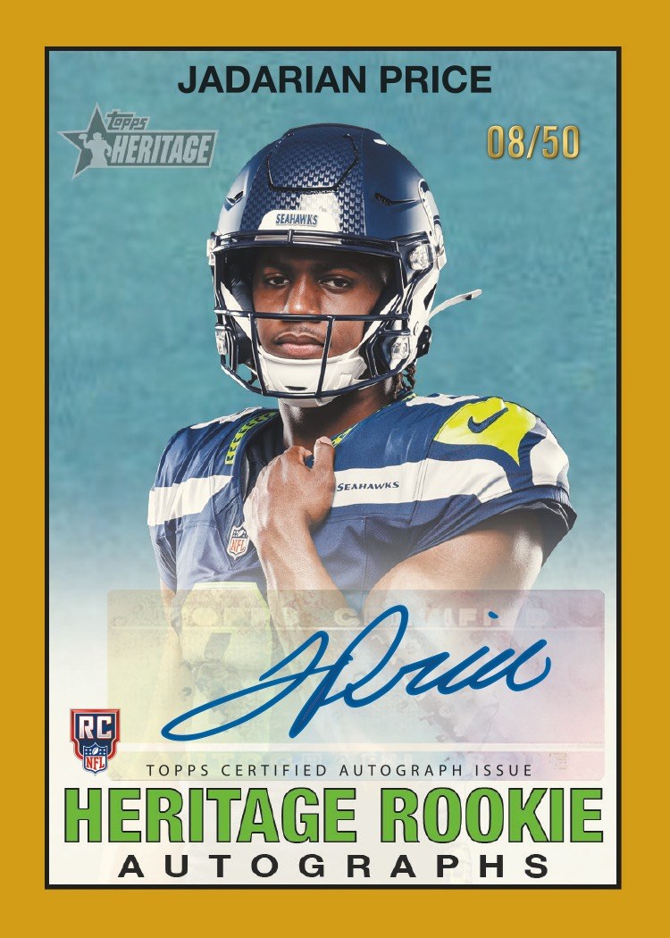 2026 Topps Heritage Football Heritage Rookie Autographs Gold Border sample card of Jadarian Price, Seattle Seahawks