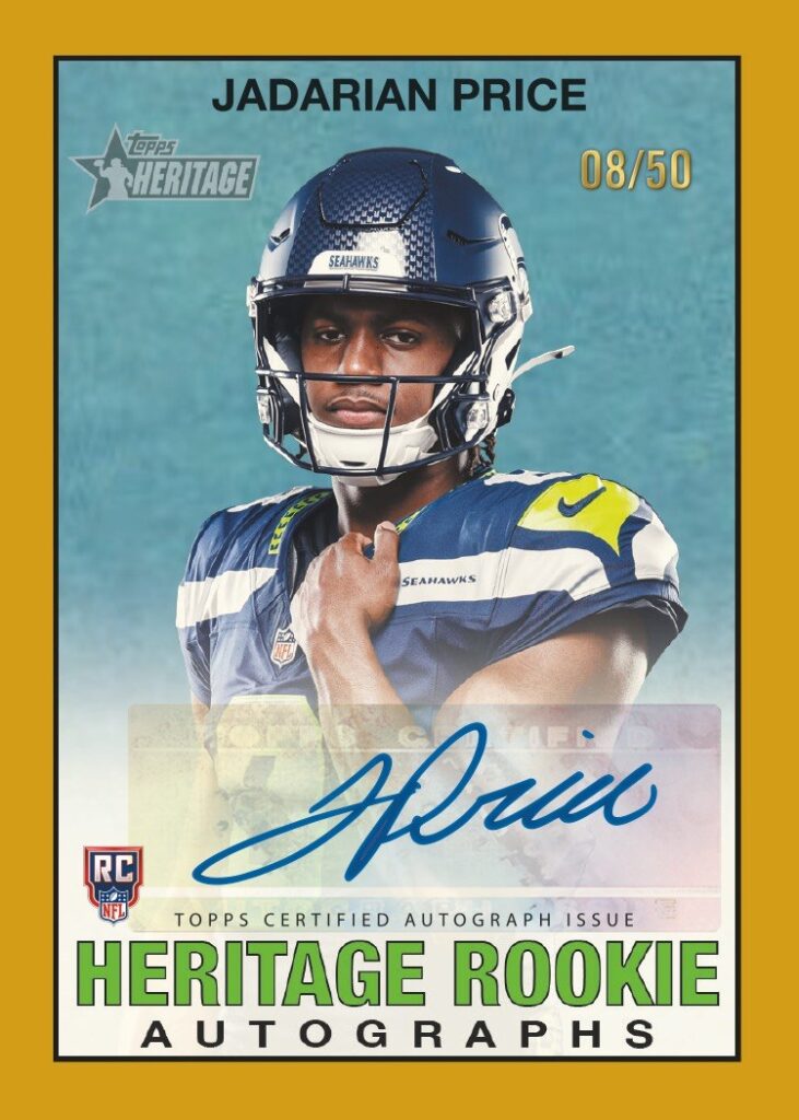 2026 Topps Heritage Football Heritage Rookie Autographs Gold parallel of Seattle Seahawks running back Jadarian Price, numbered 08/50, in a Seahawks uniform