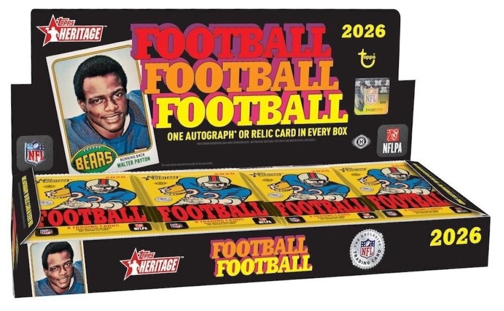 2026 Topps Heritage Football hobby box with the 1976-style Football design and one autograph or relic card per box