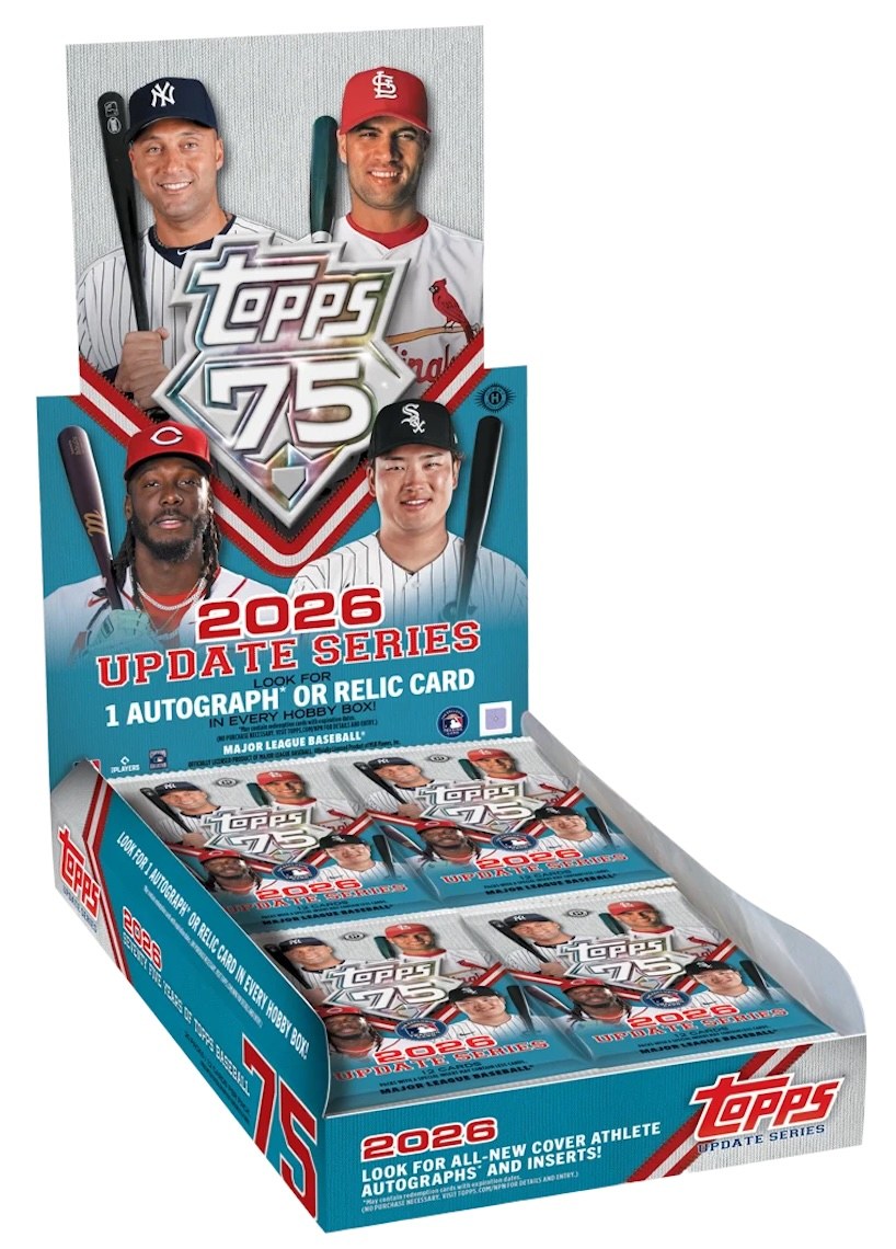 2026 Topps Update Series Baseball hobby box with Topps 75th anniversary logo, one autograph or relic card per box