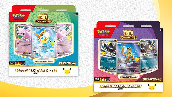 Pokémon TCG 30th Celebration Battle Deck Espeon ex and Umbreon ex packaging, launching October 30, 2026