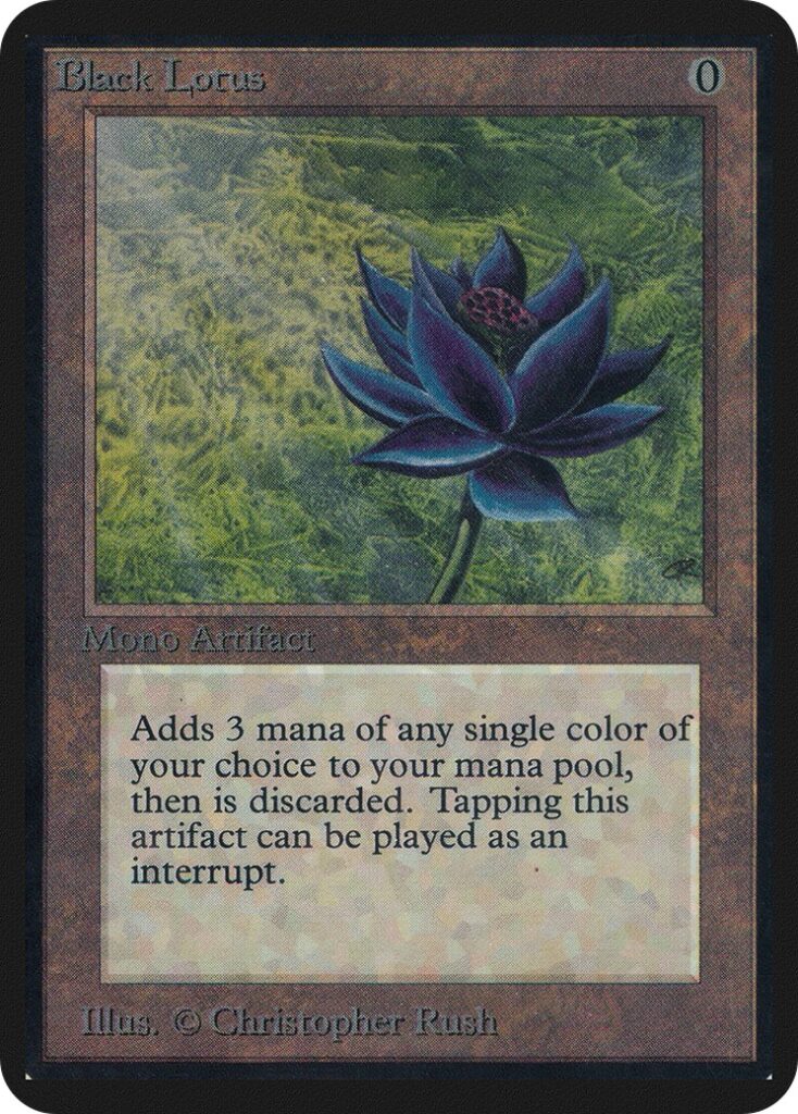 Limited Edition Alpha Black Lotus card scan with black border, rounded corners, and Christopher Rush art