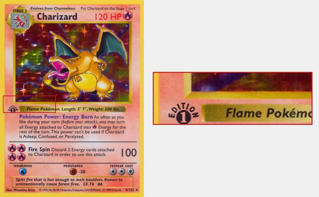 Base Set Charizard 1st Edition card scan with an enlarged detail of the Edition 1 stamp below the artwork and no drop shadow on the art box