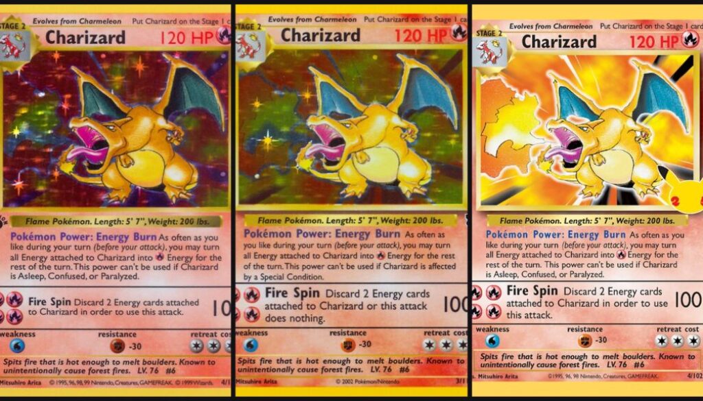 Base Set Charizard liquidity collage: 1999 1st Edition Base Set Charizard, 2002 Legendary Collection reprint, and 2021 Celebrations Classic Collection reprint side by side
