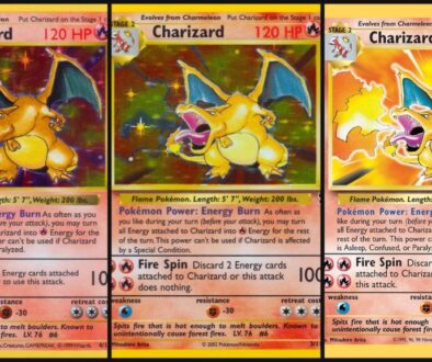 Base Set Charizard liquidity collage: 1999 1st Edition Base Set Charizard, 2002 Legendary Collection reprint, and 2021 Celebrations Classic Collection reprint side by side