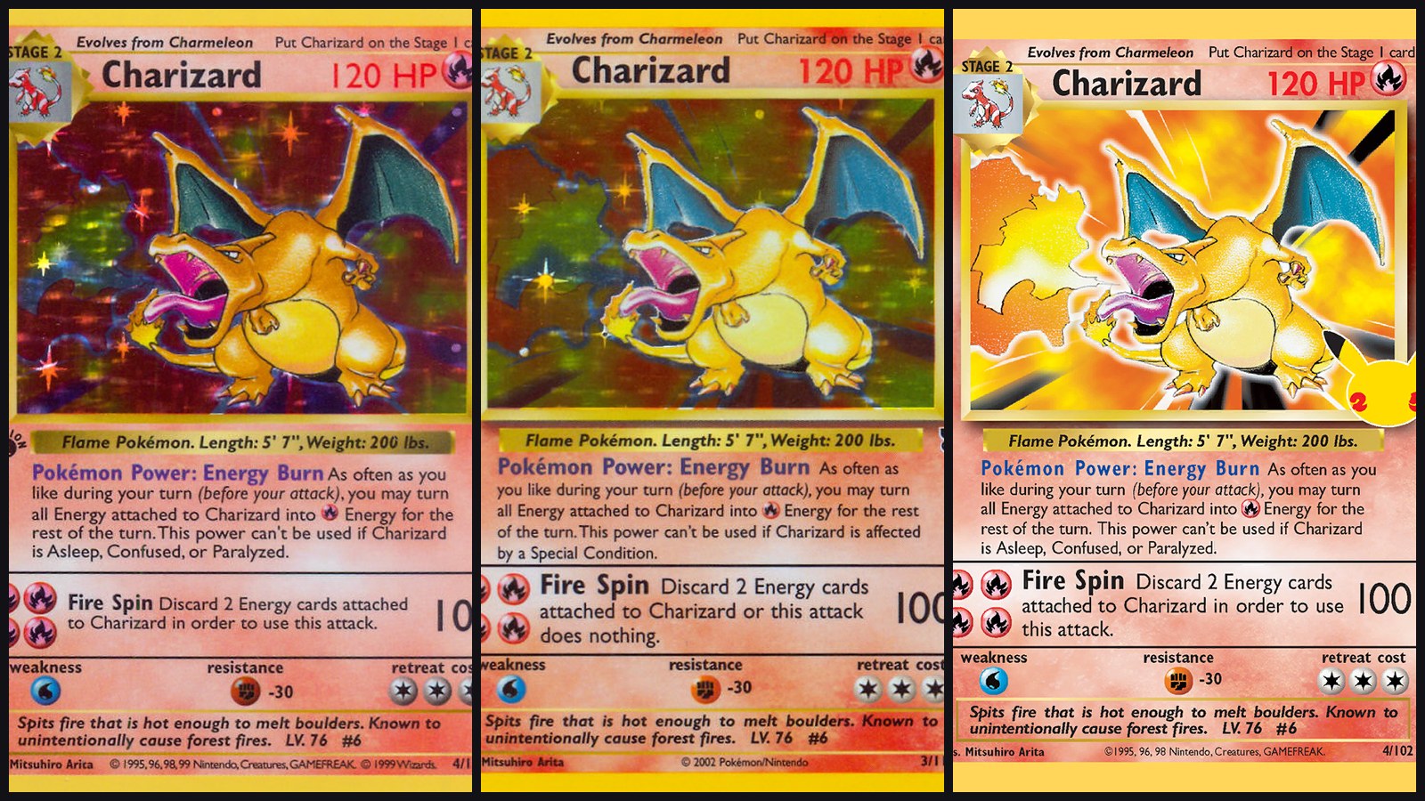 Base Set Charizard liquidity collage: 1999 1st Edition Base Set Charizard, 2002 Legendary Collection reprint, and 2021 Celebrations Classic Collection reprint side by side
