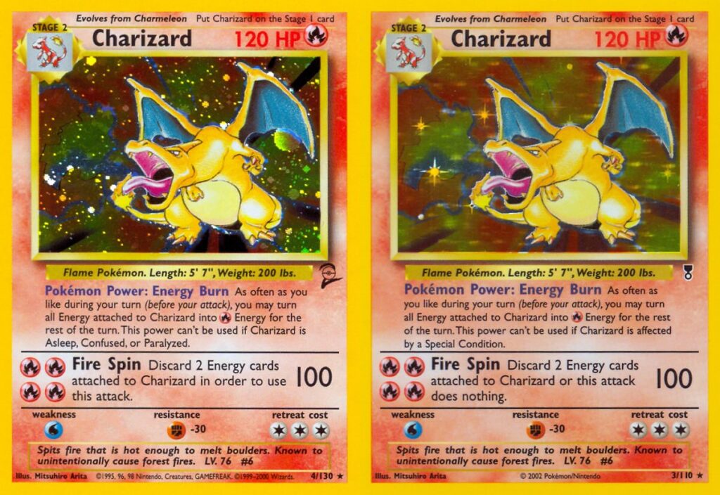Charizard reprints with the original Base Set art: Base Set 2 (2000) on the left and Legendary Collection (2002) on the right