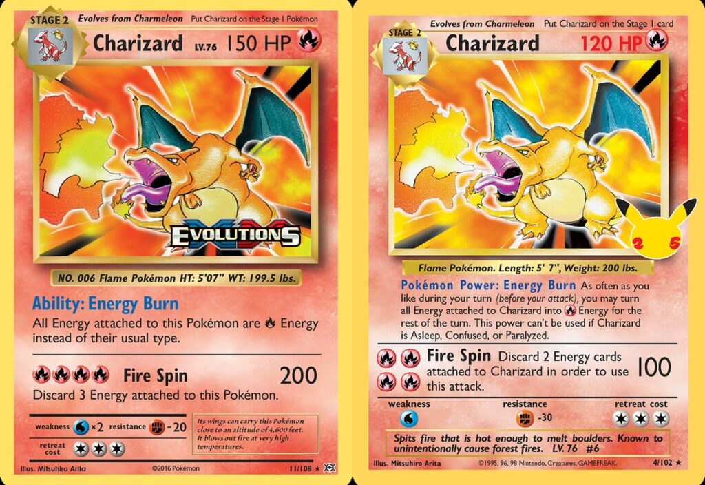 Modern Charizard tributes to Base Set: the 2016 Evolutions Charizard with new card text beside the 2021 Celebrations Classic Collection reprint with the 25th anniversary logo